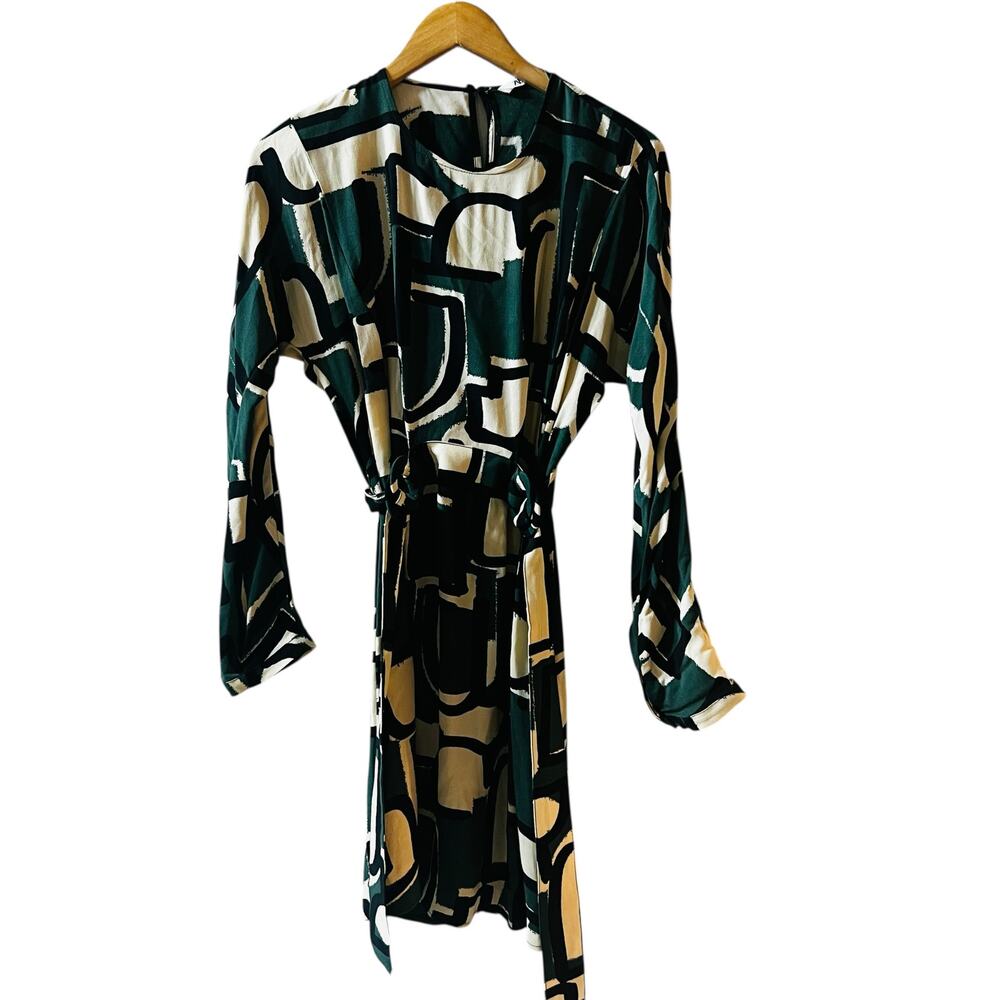 Zara Frida Abstract Print Side Belted Dress Size XS Green Cream - Picture 2 of 8
